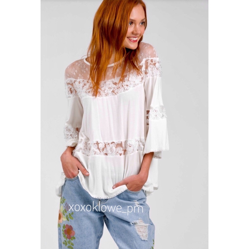 POL Ivory Rayon Jersey Lace Boho Top | 3D Floral Lace Sequin Detail Blouse - Picture 8 of 9